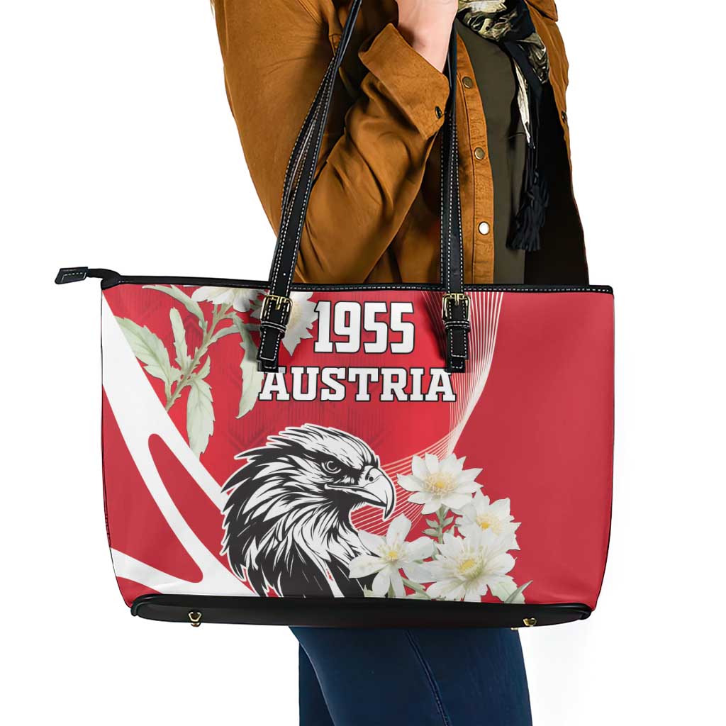 Austria Independence Day 1955 Leather Tote Bag Black Eagle And Edelweiss Flowers LT18