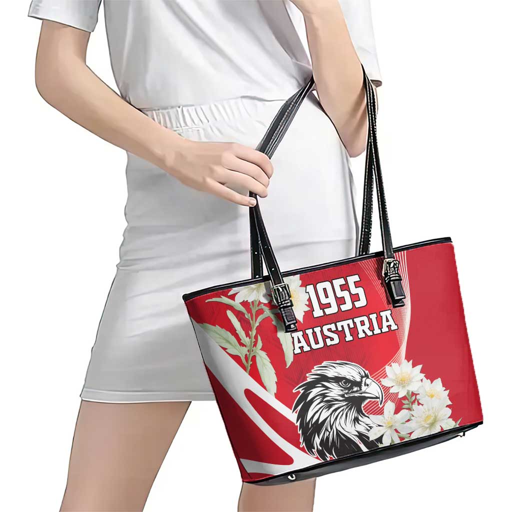 Austria Independence Day 1955 Leather Tote Bag Black Eagle And Edelweiss Flowers LT18