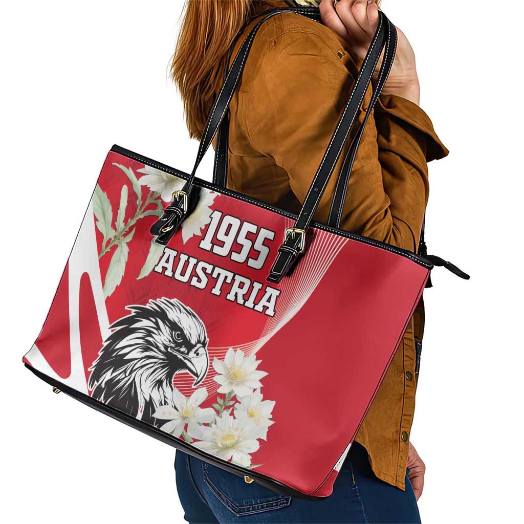 Austria Independence Day 1955 Leather Tote Bag Black Eagle And Edelweiss Flowers LT18