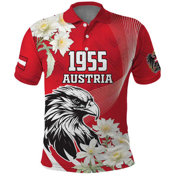 Austria Independence Day 1955 Polo Shirt Black Eagle And Edelweiss Flowers LT18
