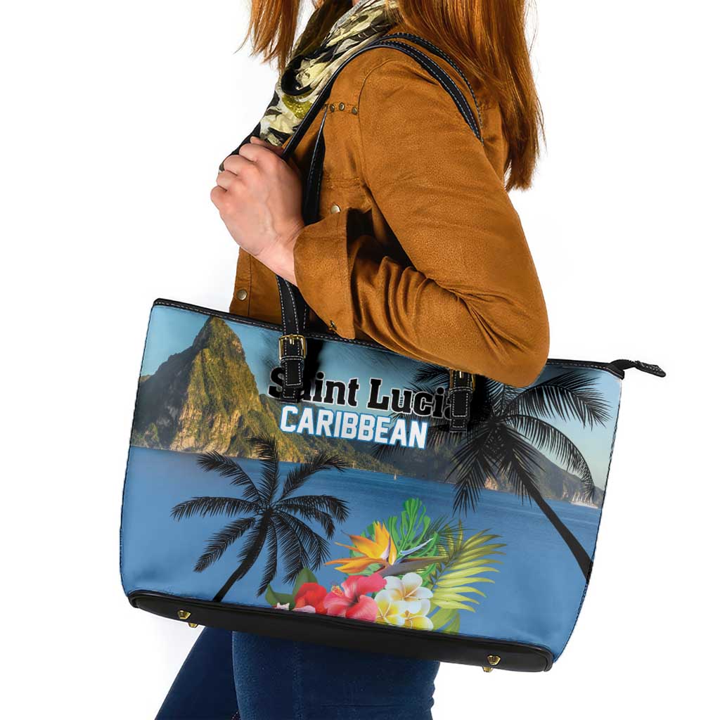 Saint Lucia Pitons Leather Tote Bag With Hibiscus Flowers LT18