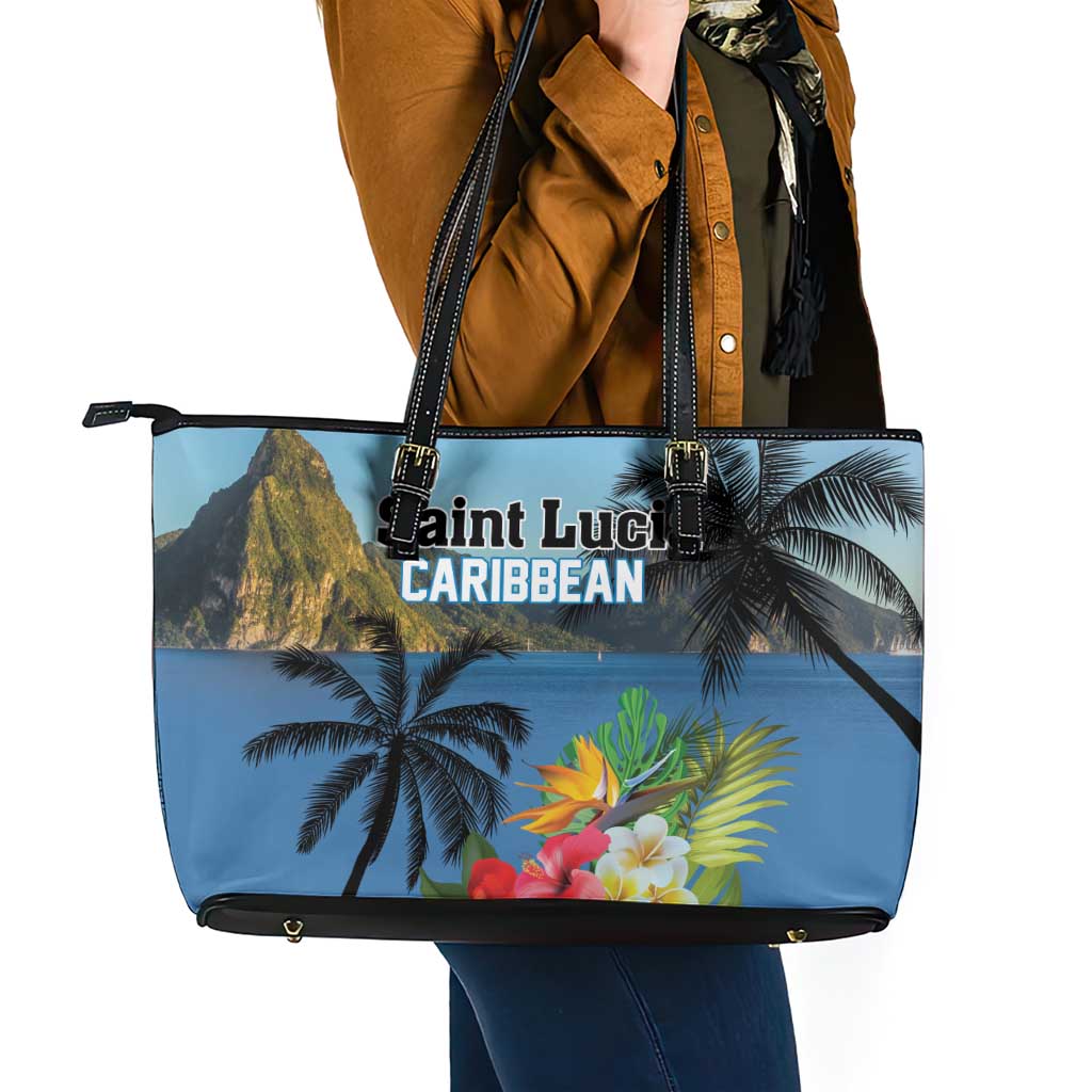 Saint Lucia Pitons Leather Tote Bag With Hibiscus Flowers LT18