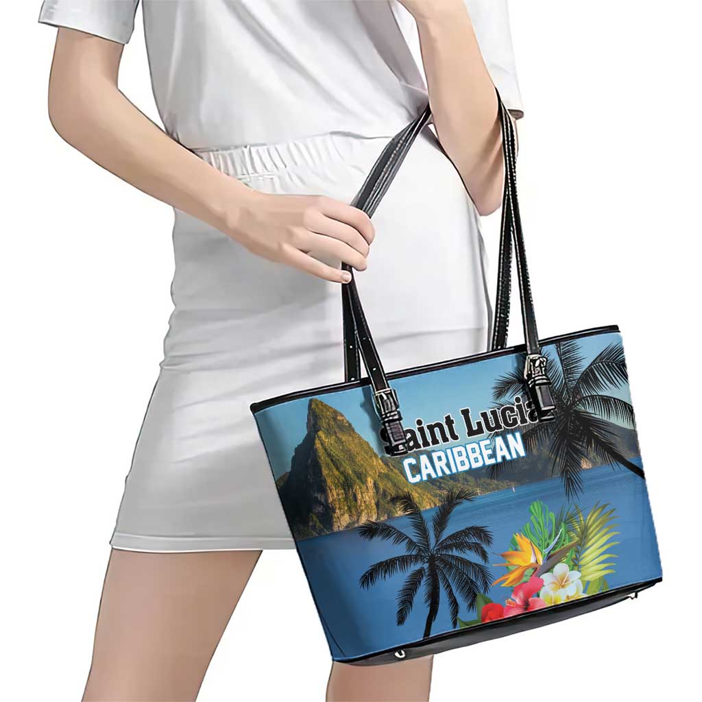 Saint Lucia Pitons Leather Tote Bag With Hibiscus Flowers LT18