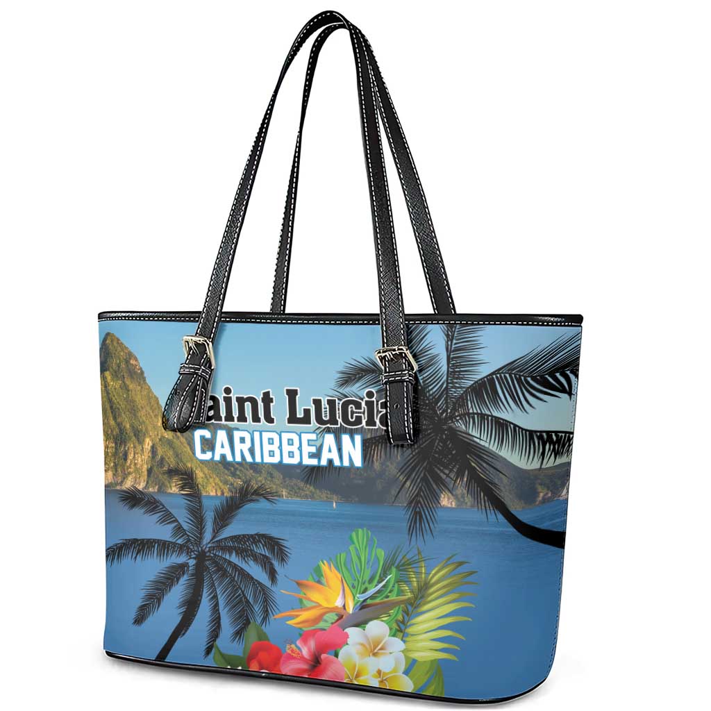 Saint Lucia Pitons Leather Tote Bag With Hibiscus Flowers LT18