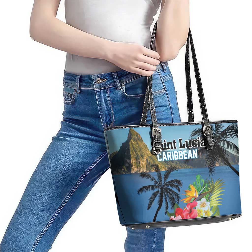 Saint Lucia Pitons Leather Tote Bag With Hibiscus Flowers LT18