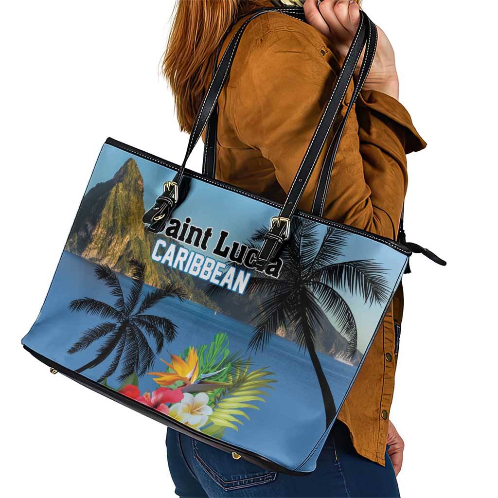 Saint Lucia Pitons Leather Tote Bag With Hibiscus Flowers LT18