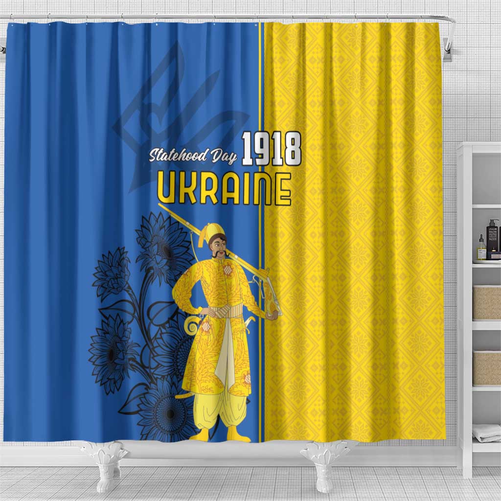 Ukraine Statehood Day 1918 Shower Curtain Coat Of Arms With Ukrainian Folk Pattern LT18