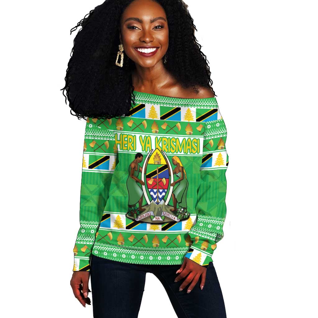Personalized Afro Tanzania Christmas Off Shoulder Sweater Heri ya Krismasi With Coat Of Arms LT18