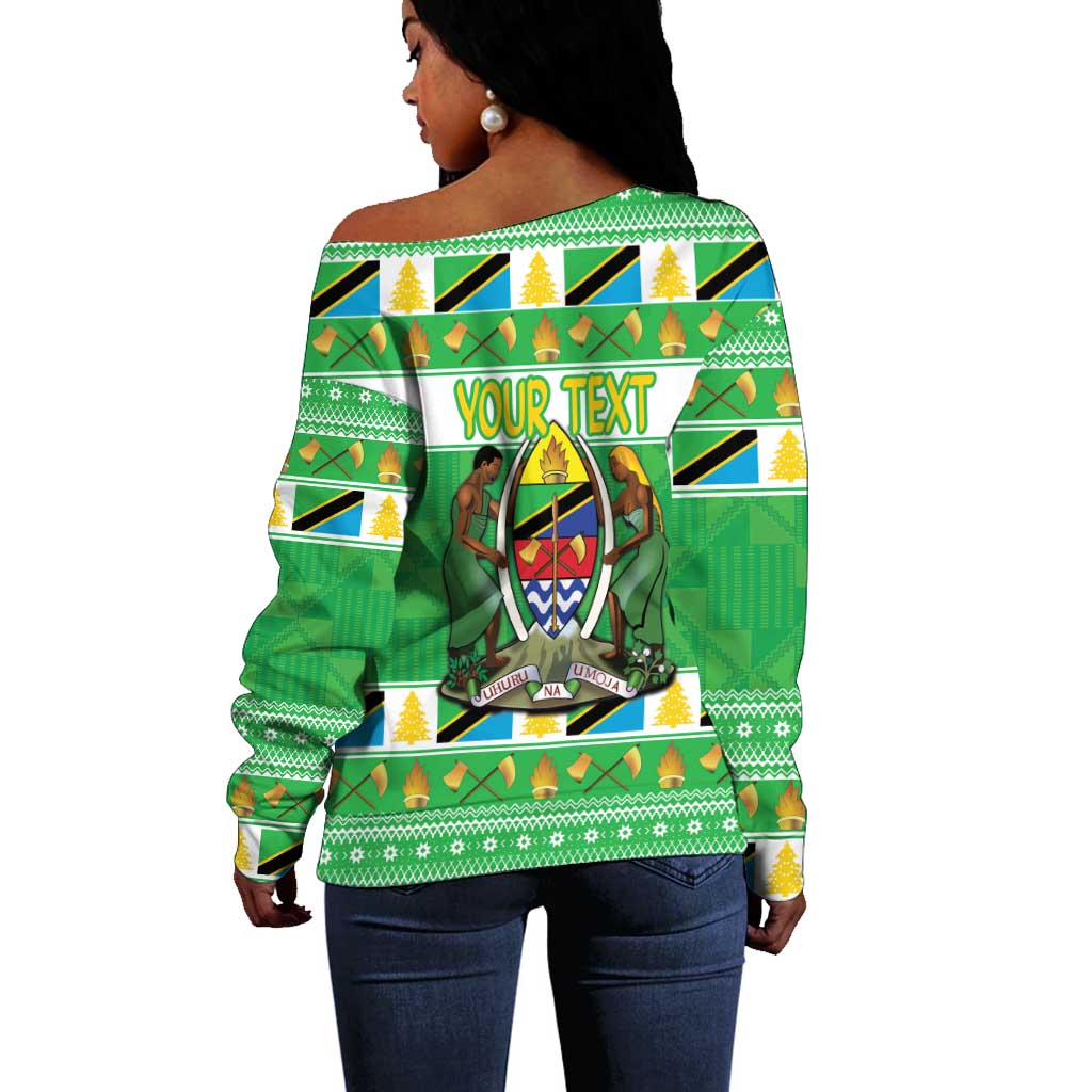 Personalized Afro Tanzania Christmas Off Shoulder Sweater Heri ya Krismasi With Coat Of Arms LT18