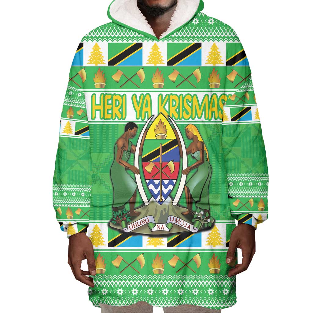 Personalized Afro Tanzania Christmas Wearable Blanket Hoodie Heri ya Krismasi With Coat Of Arms LT18