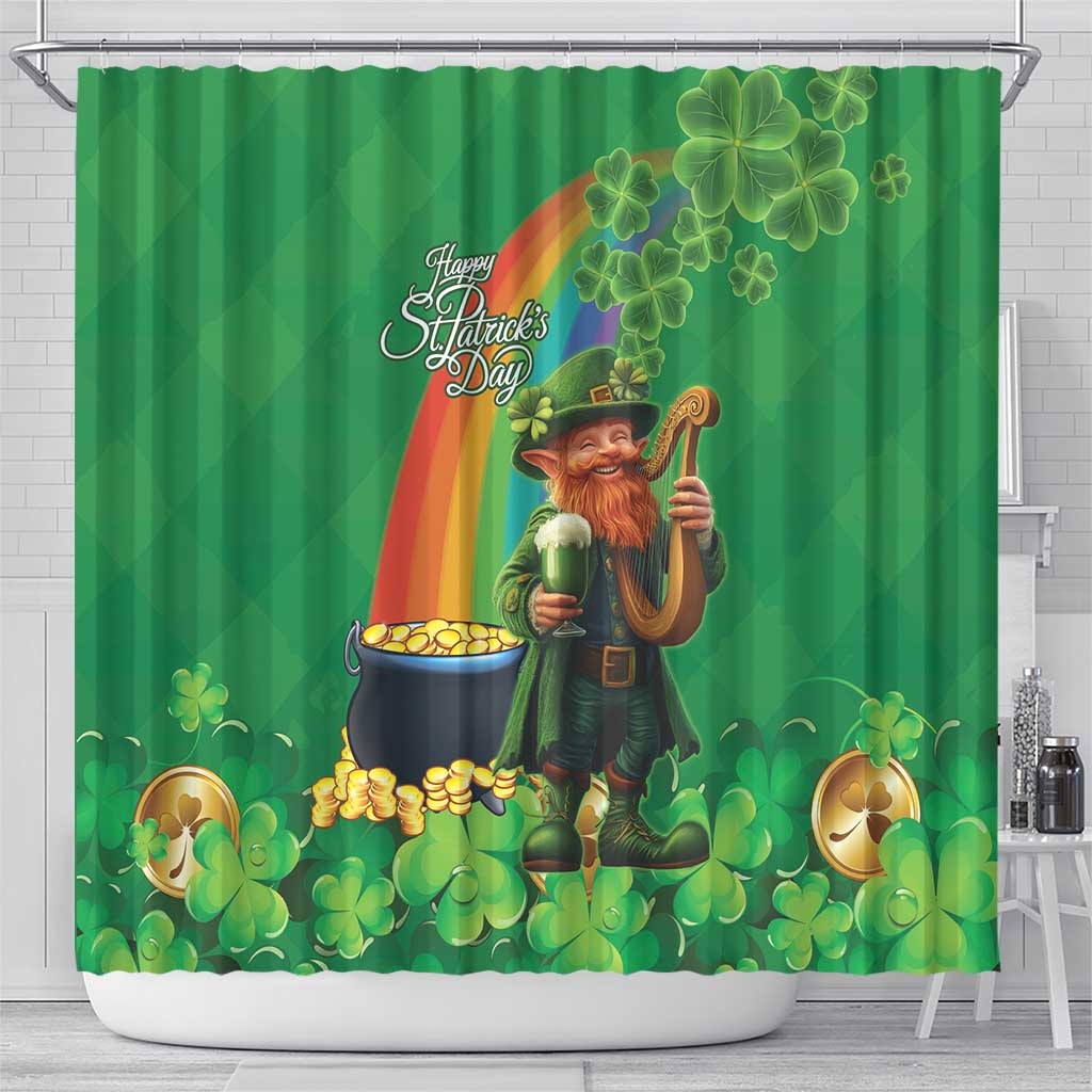 Happy Saint Patrick's Day Shower Curtain Cheerful Leprechaun Irish Harp LT18