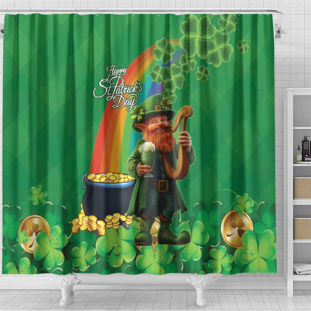 Happy Saint Patrick's Day Shower Curtain Cheerful Leprechaun Irish Harp LT18