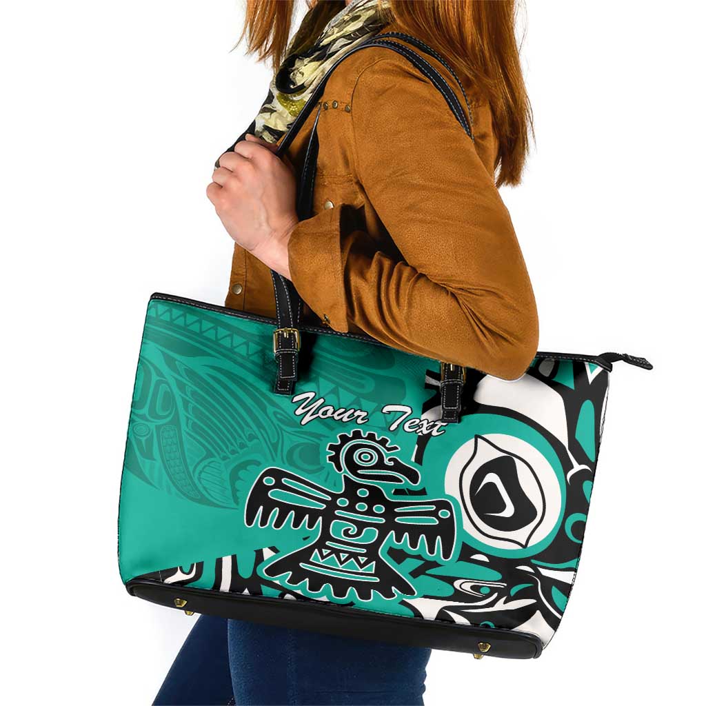 Personalized Canada Haida Eagle Leather Tote Bag Turquoise Style LT18