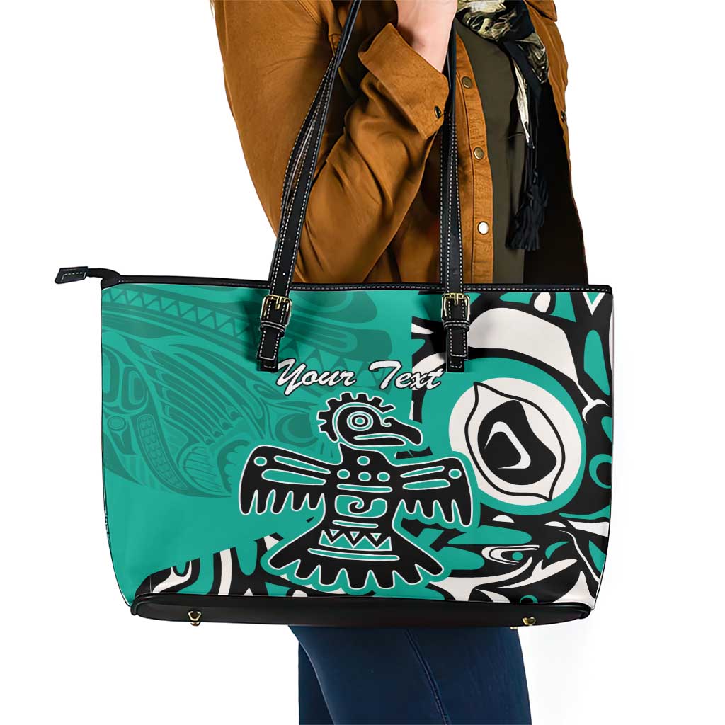 Personalized Canada Haida Eagle Leather Tote Bag Turquoise Style LT18