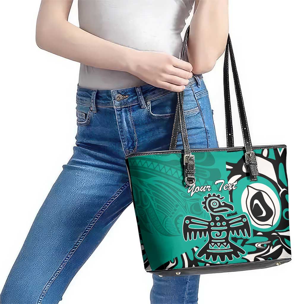 Personalized Canada Haida Eagle Leather Tote Bag Turquoise Style LT18
