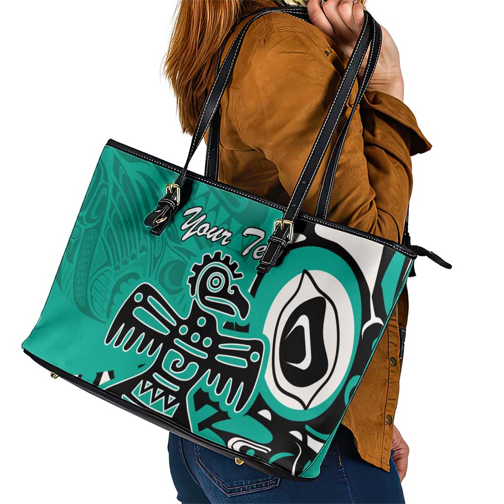 Personalized Canada Haida Eagle Leather Tote Bag Turquoise Style LT18