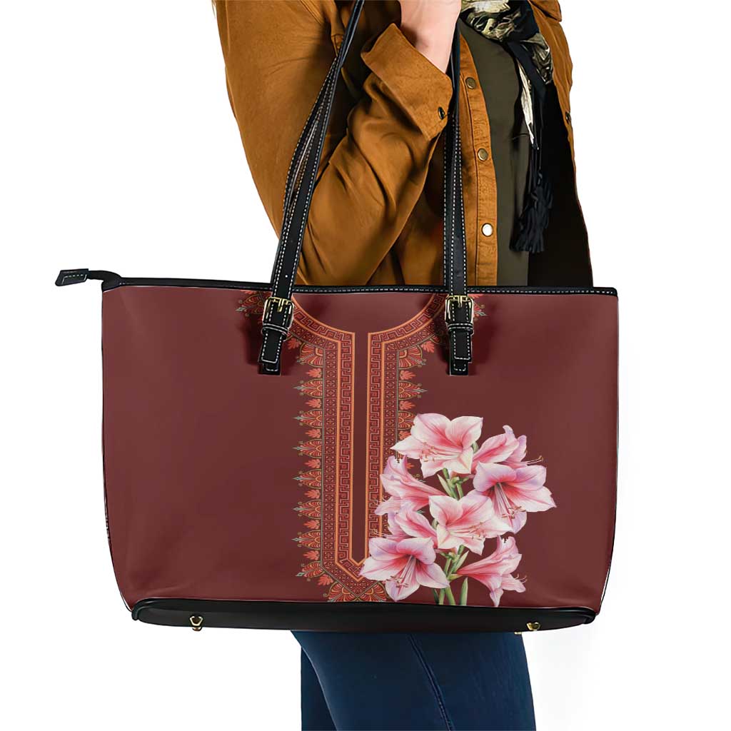 Africa Dashiki Leather Tote Bag With Belladonna Lily LT18