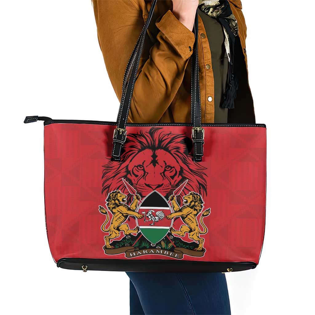 Kenya Leather Tote Bag Coat Of Arms With Kente Patterns LT18