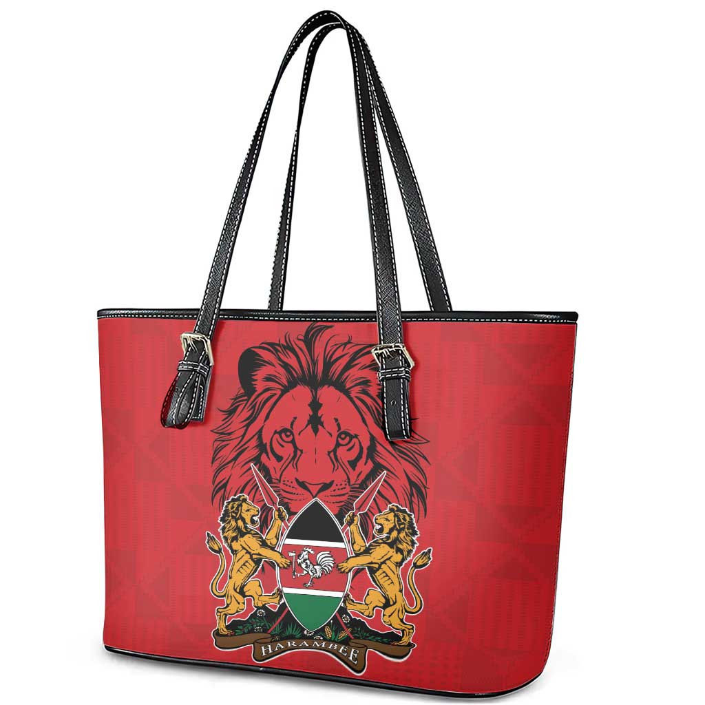 Kenya Leather Tote Bag Coat Of Arms With Kente Patterns LT18