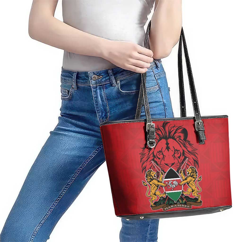 Kenya Leather Tote Bag Coat Of Arms With Kente Patterns LT18