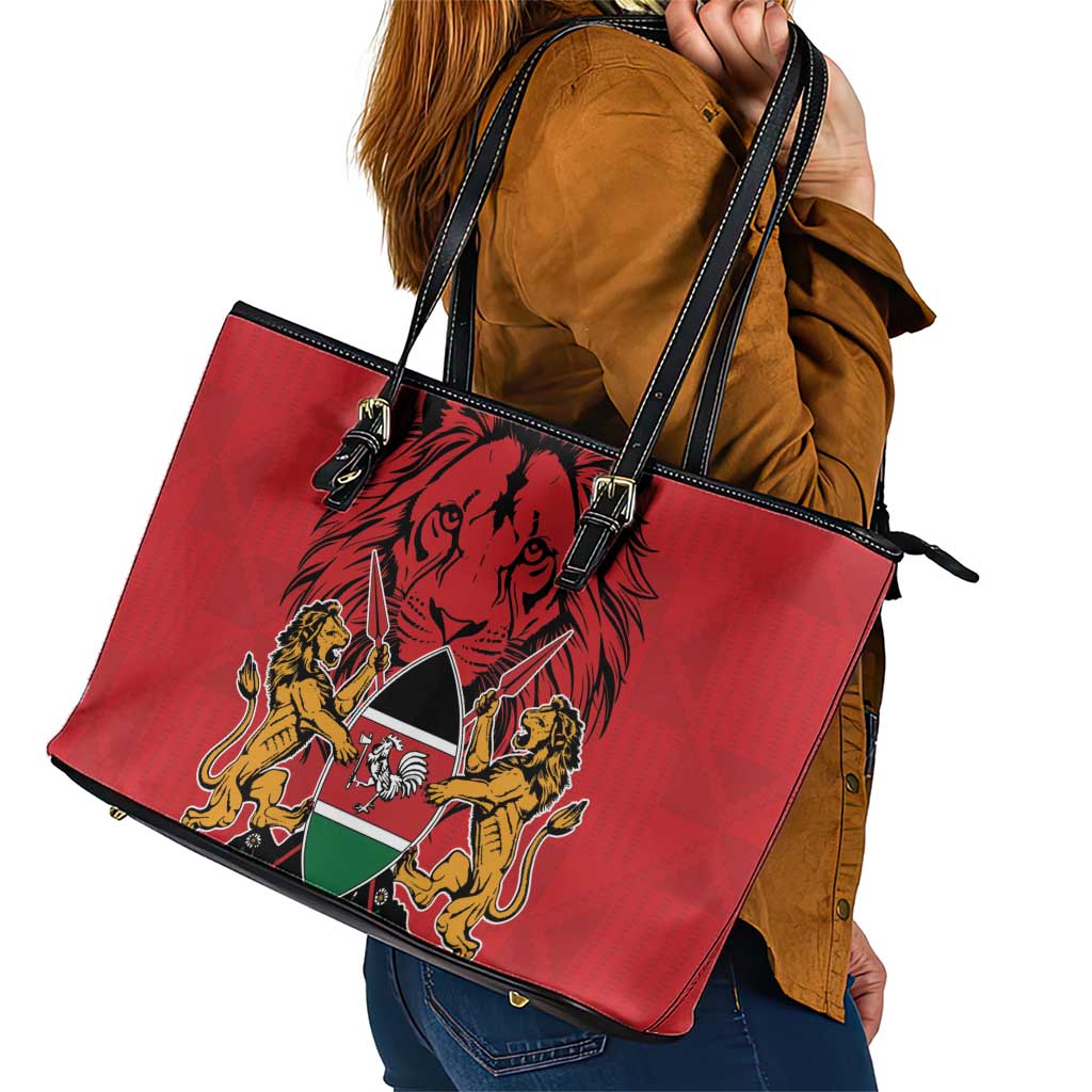 Kenya Leather Tote Bag Coat Of Arms With Kente Patterns LT18