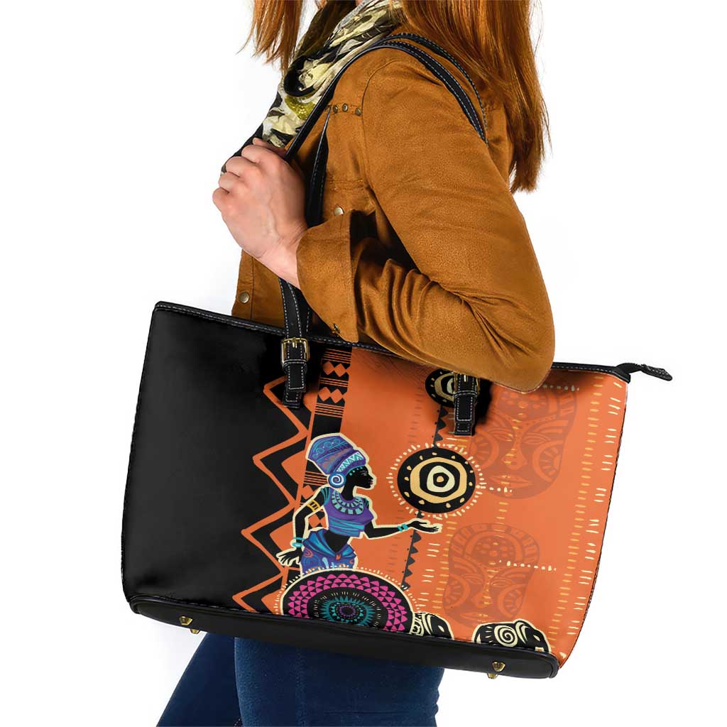 African Woman In Ethnic Dress Leather Tote Bag Ethnic Geometric Patterns LT18