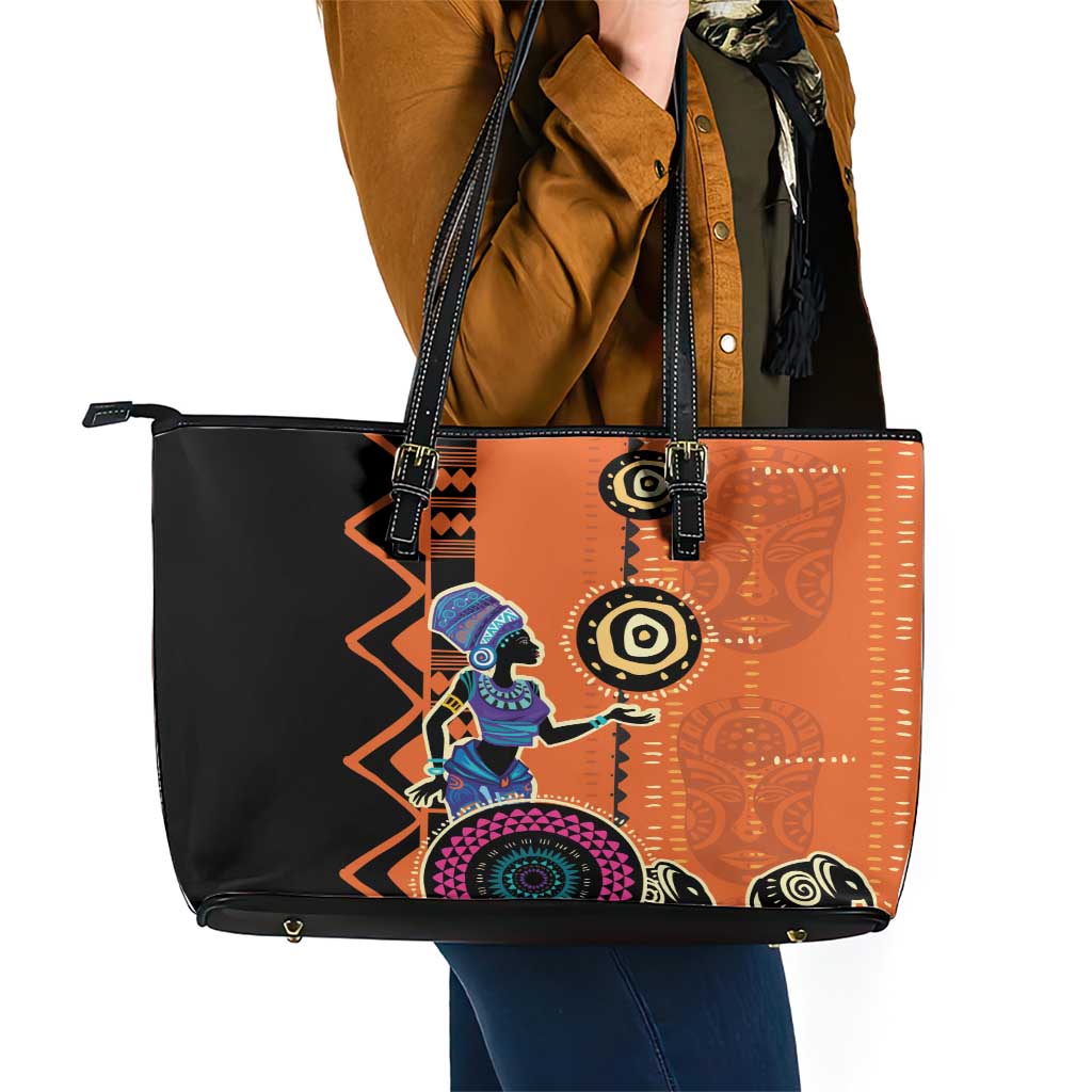 African Woman In Ethnic Dress Leather Tote Bag Ethnic Geometric Patterns LT18