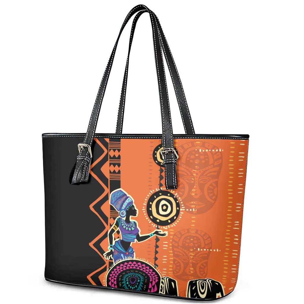 African Woman In Ethnic Dress Leather Tote Bag Ethnic Geometric Patterns LT18