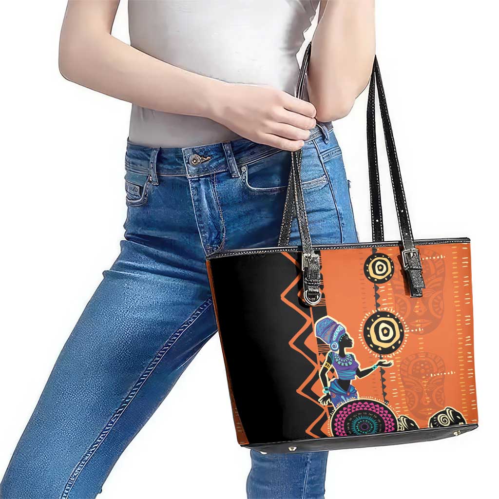 African Woman In Ethnic Dress Leather Tote Bag Ethnic Geometric Patterns LT18