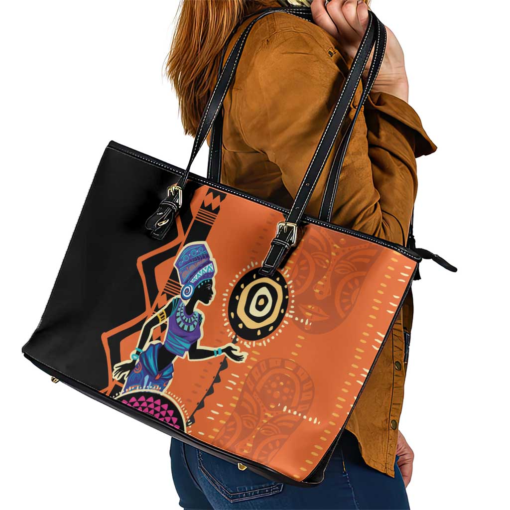 African Woman In Ethnic Dress Leather Tote Bag Ethnic Geometric Patterns LT18