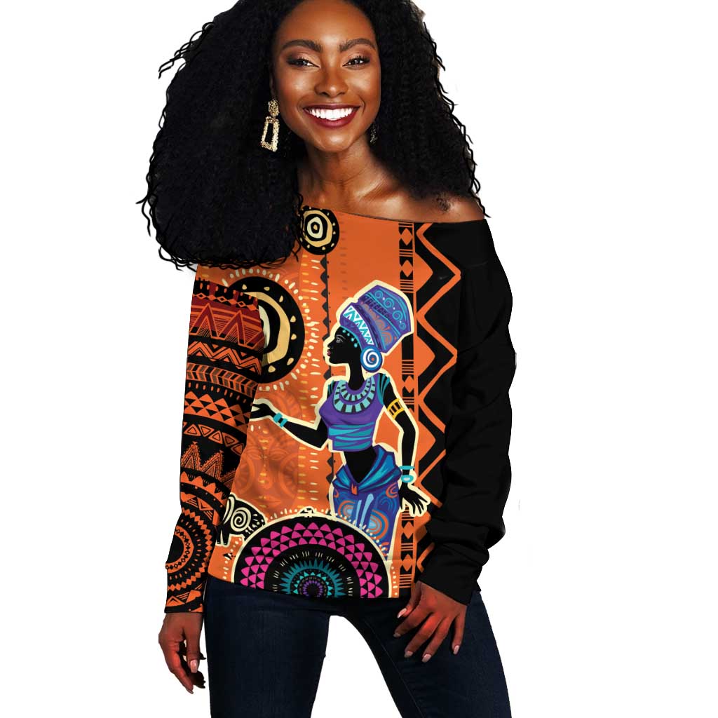 African Woman In Ethnic Dress Off Shoulder Sweater Ethnic Geometric Patterns LT18