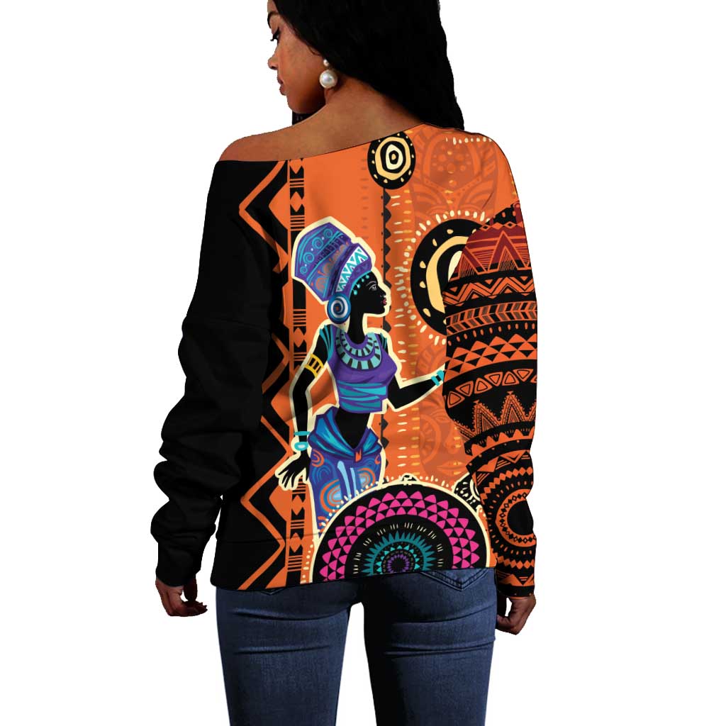 African Woman In Ethnic Dress Off Shoulder Sweater Ethnic Geometric Patterns LT18