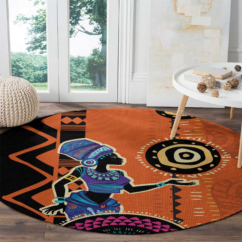 African Woman In Ethnic Dress Round Carpet Ethnic Geometric Patterns LT18