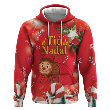 Spain Tio de Nadal Christmas Hoodie Traditional Christmas Log Red Version LT18