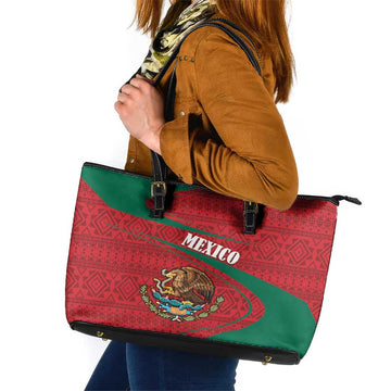 Mexico Coat Of Arms Leather Tote Bag With Folk Pattern LT18