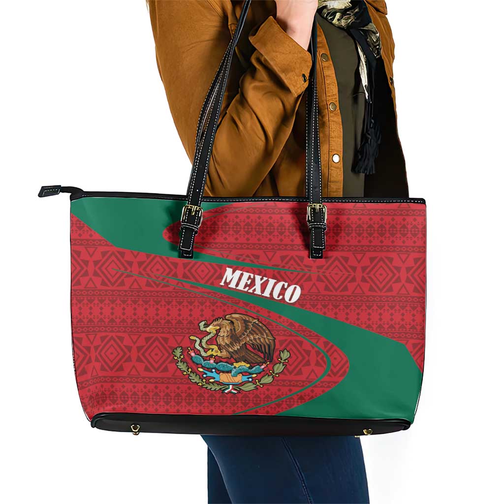 Mexico Coat Of Arms Leather Tote Bag With Folk Pattern LT18