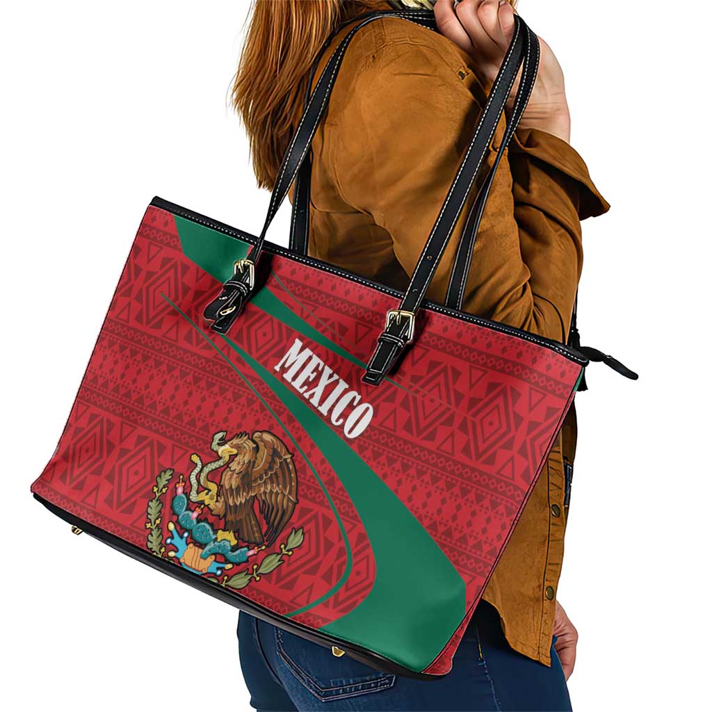 Mexico Coat Of Arms Leather Tote Bag With Folk Pattern LT18