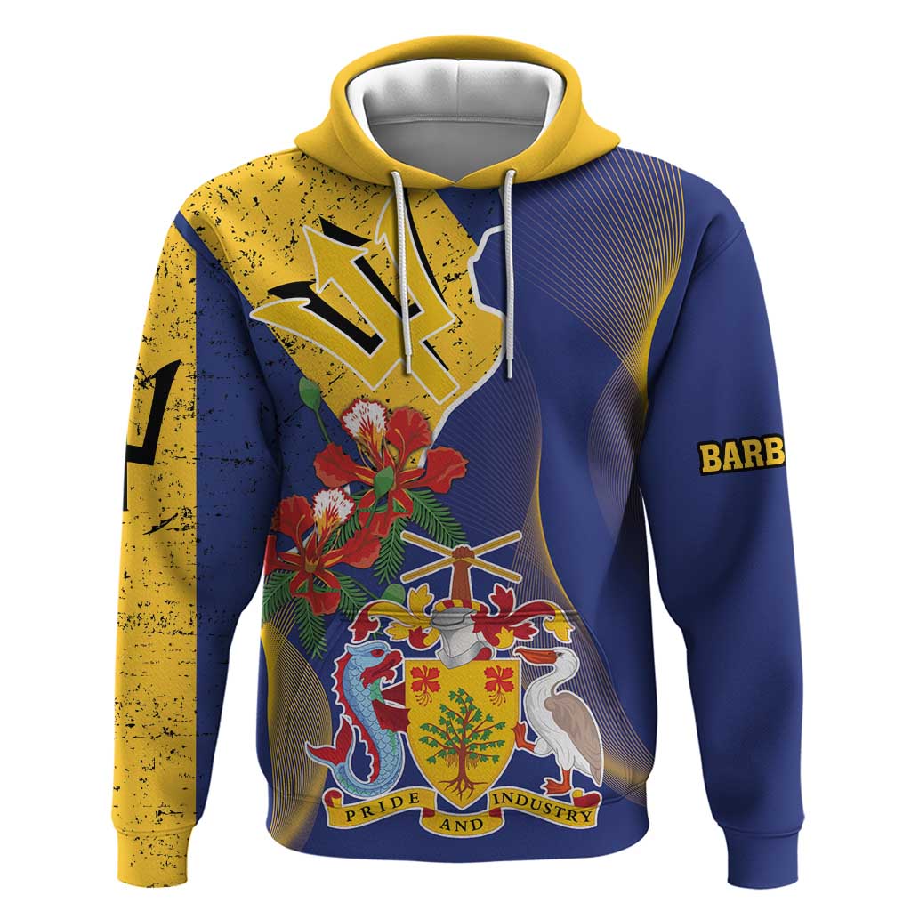 Barbados Coat Of Arms Hoodie With Dwarf Poinciana Flowers LT18