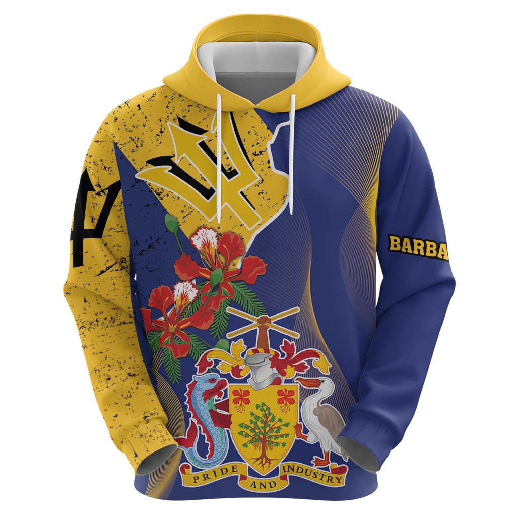 Barbados Coat Of Arms Hoodie With Dwarf Poinciana Flowers LT18