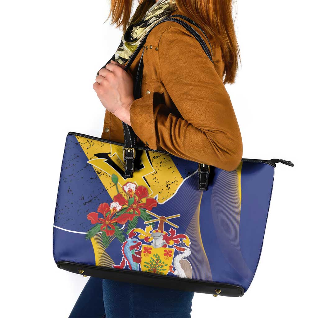 Barbados Coat Of Arms Leather Tote Bag With Dwarf Poinciana Flowers LT18