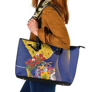 Barbados Coat Of Arms Leather Tote Bag With Dwarf Poinciana Flowers LT18