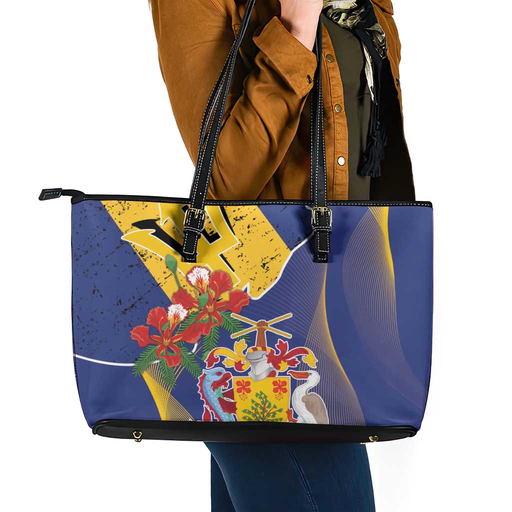 Barbados Coat Of Arms Leather Tote Bag With Dwarf Poinciana Flowers LT18