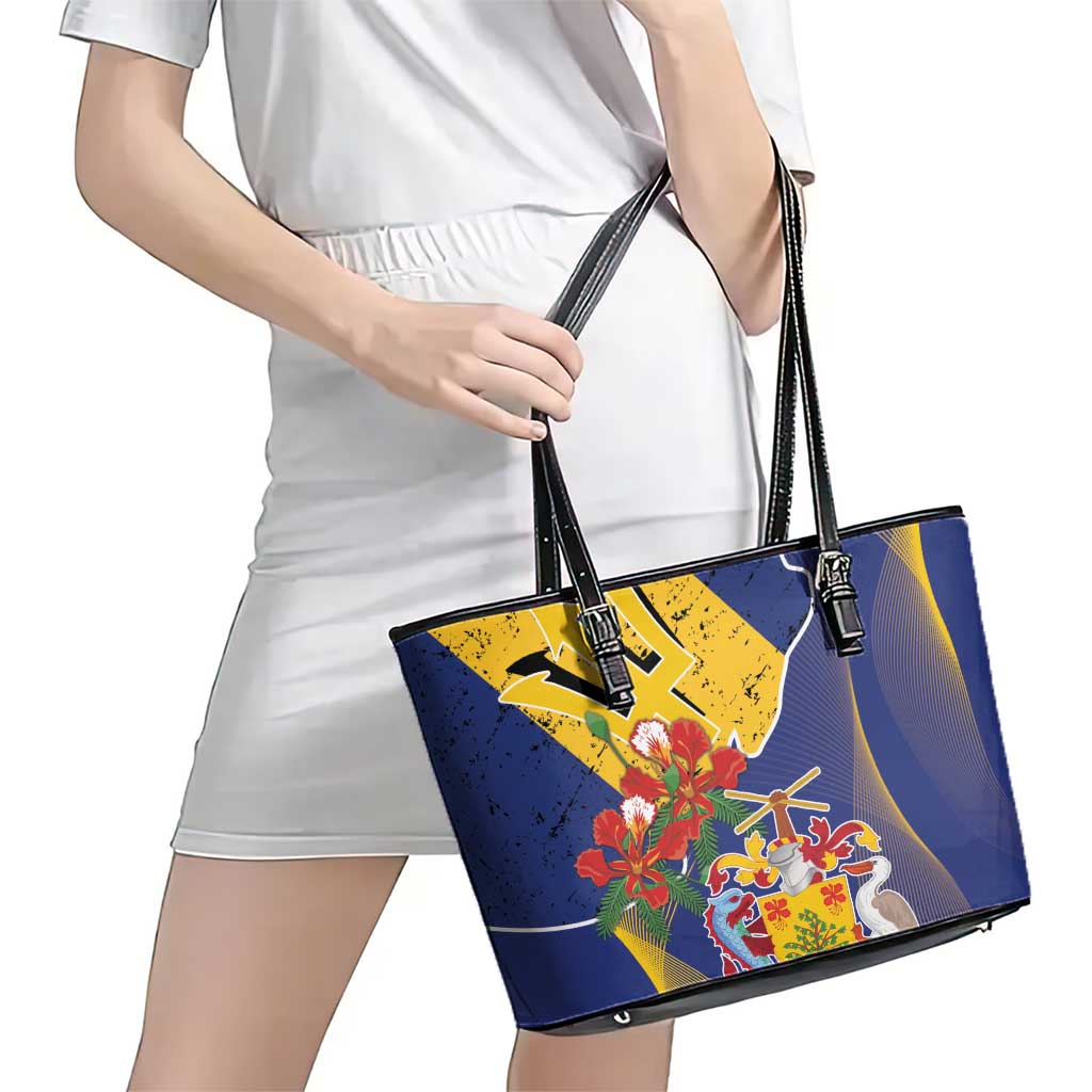 Barbados Coat Of Arms Leather Tote Bag With Dwarf Poinciana Flowers LT18