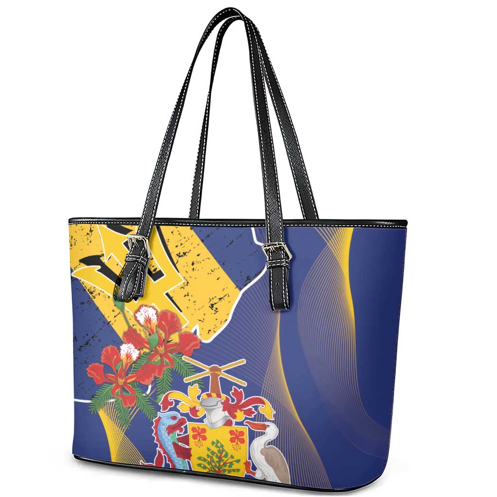 Barbados Coat Of Arms Leather Tote Bag With Dwarf Poinciana Flowers LT18