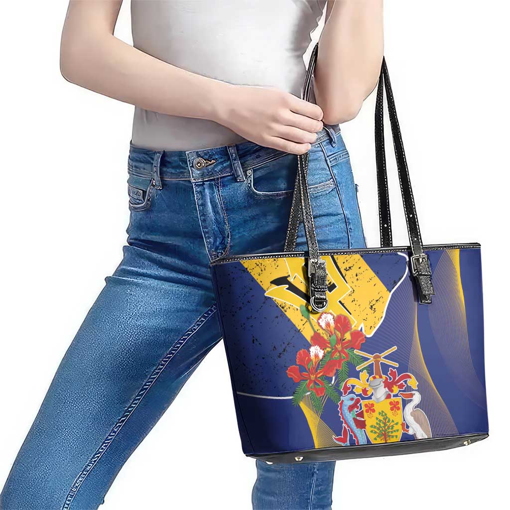 Barbados Coat Of Arms Leather Tote Bag With Dwarf Poinciana Flowers LT18