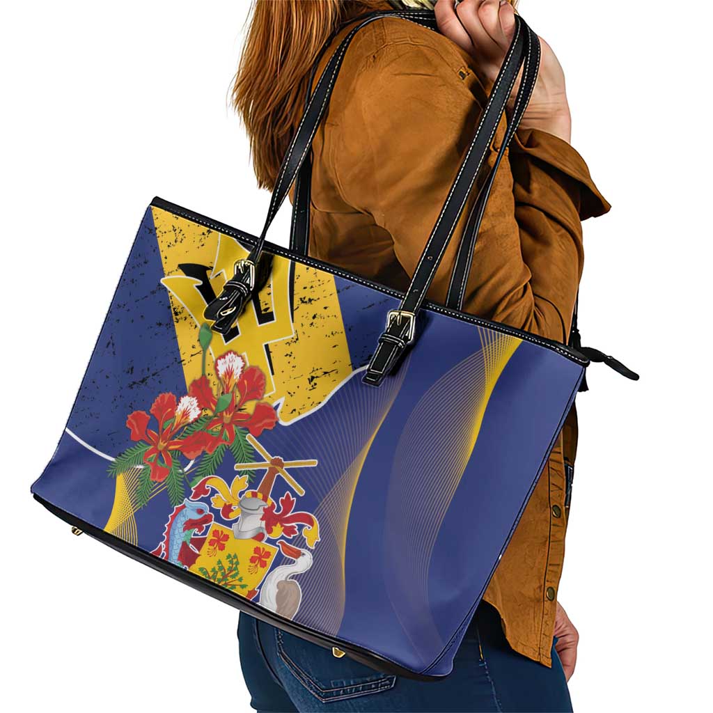 Barbados Coat Of Arms Leather Tote Bag With Dwarf Poinciana Flowers LT18