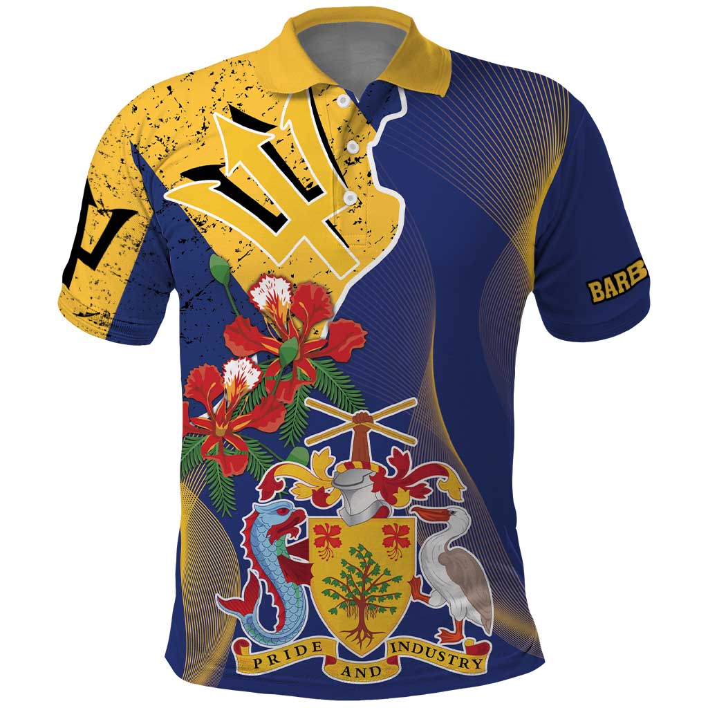 Barbados Coat Of Arms Polo Shirt With Dwarf Poinciana Flowers LT18
