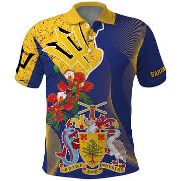 Barbados Coat Of Arms Polo Shirt With Dwarf Poinciana Flowers LT18