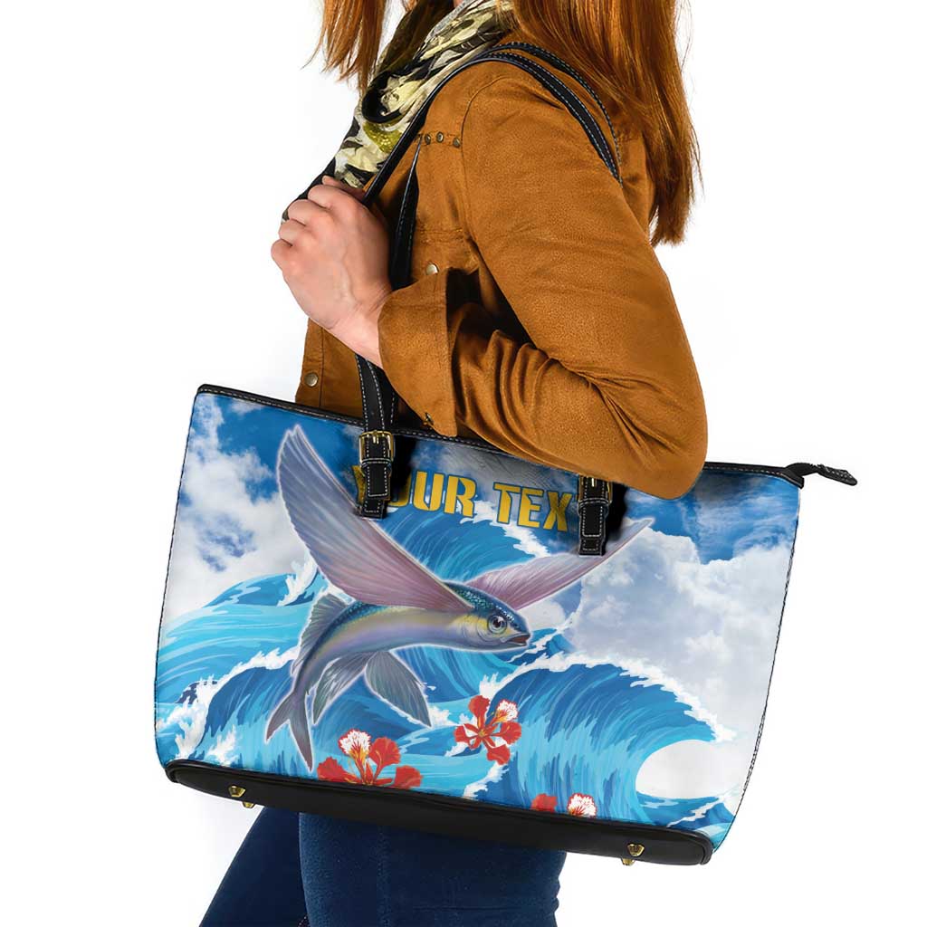 Personalized Barbados Fish Flying Leather Tote Bag With Stormy Sea Wave LT18