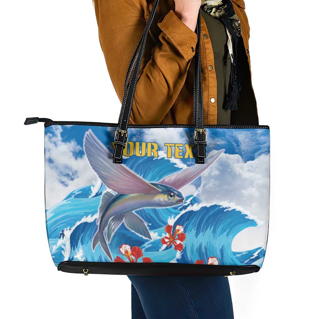 Personalized Barbados Fish Flying Leather Tote Bag With Stormy Sea Wave LT18